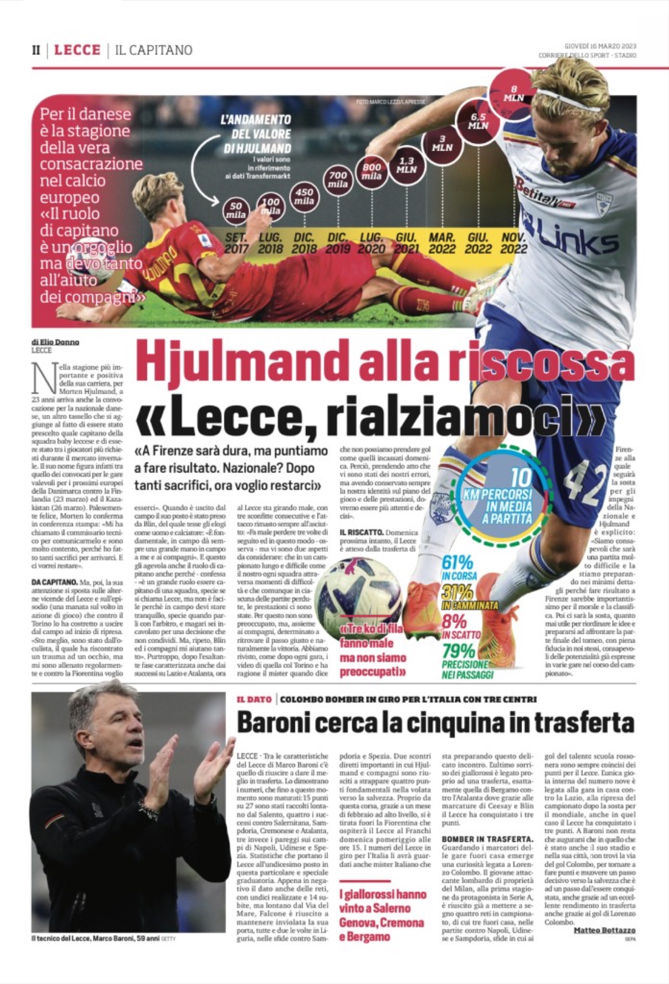 Doppia pagina Corriere dello Sport · Stadio, 16 marzo 2023: «Hjulmand alla riscossa · Lecce rialziamoci», con infografica statistica del centrocampista danese