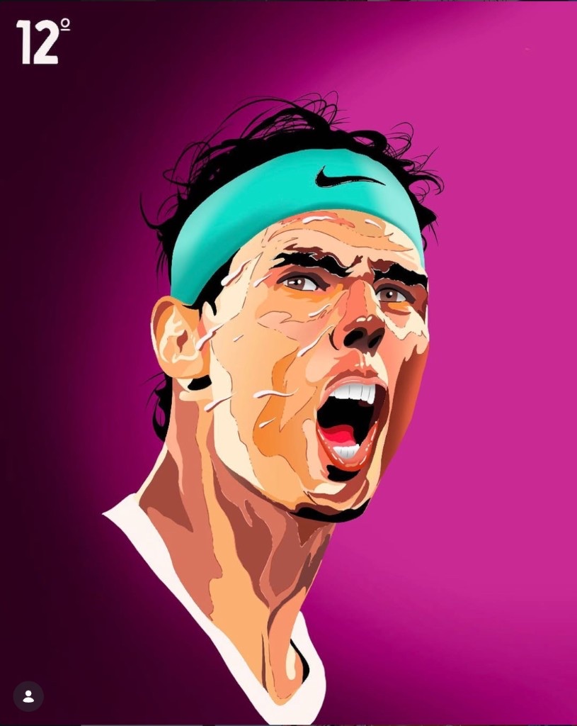 Illustrazione vettoriale di Rafael Nadal in esultanza con bandana Nike turchese e maglietta bianca, su sfondo magenta acceso, marchiata «12°» di Luigi Franco