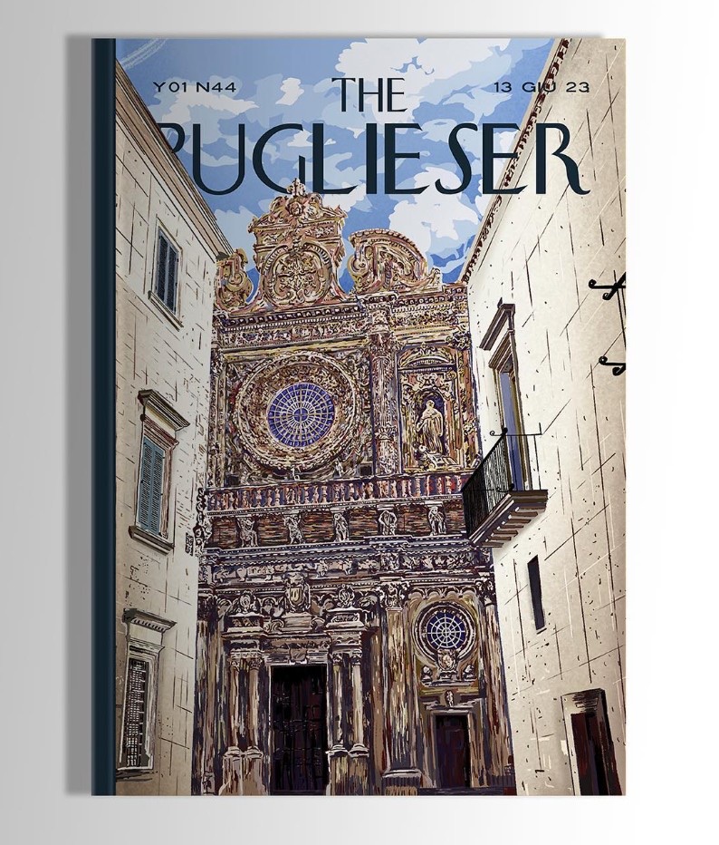 Mockup di copertina della rivista The Puglieser numero Y01 N44 · illustrazione della facciata barocca della Basilica di Santa Croce a Lecce con cielo nuvoloso, vista dal vicolo