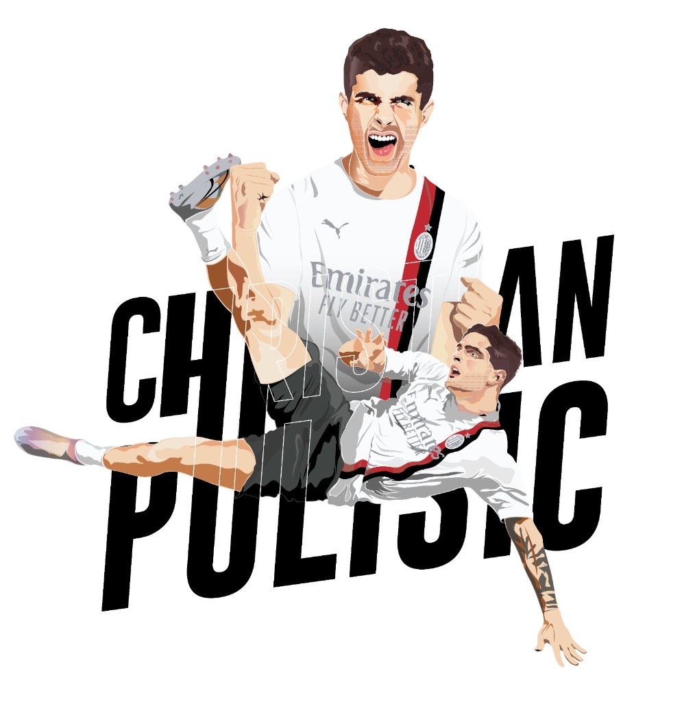 Illustrazione vettoriale di Christian Pulisic con maglia bianca dell'A.C. Milan in esultanza con la scarpa in mano, su tipografia nera «CHRISTIAN PULISIC» sovrastante