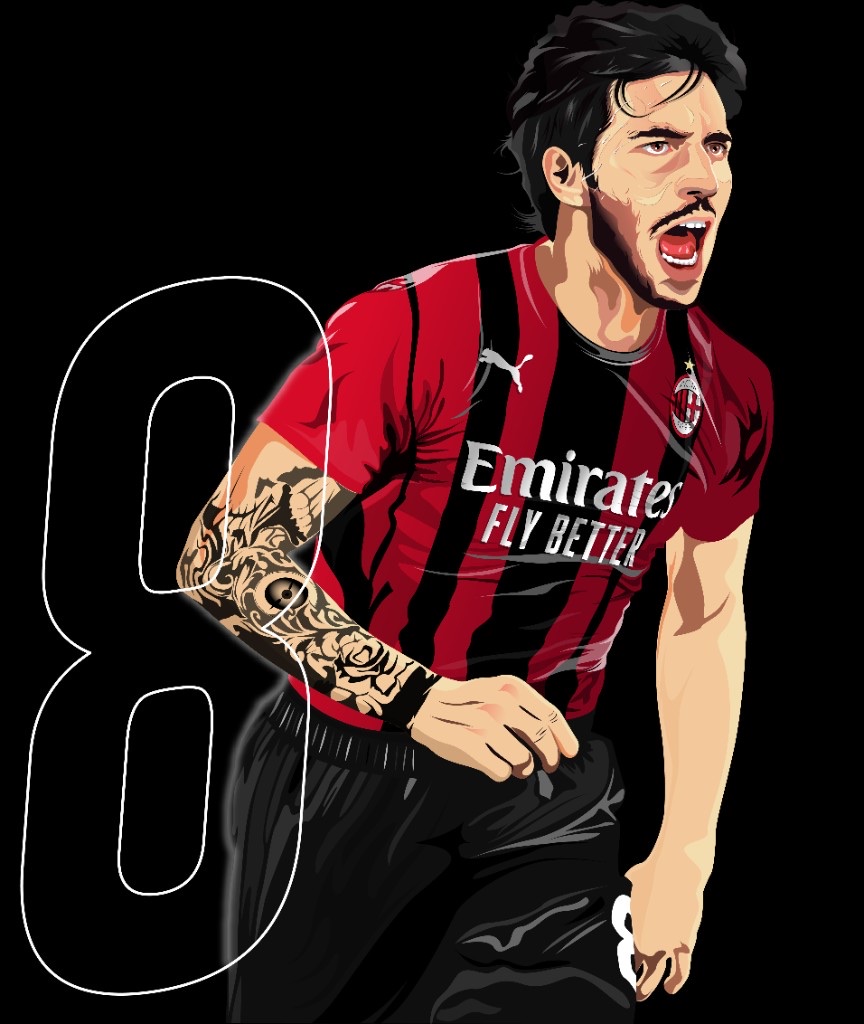 Illustrazione vettoriale di Sandro Tonali, numero 8 dell'A.C. Milan, con maglia a strisce rossonere in esultanza su sfondo nero con grande numero 8 outline