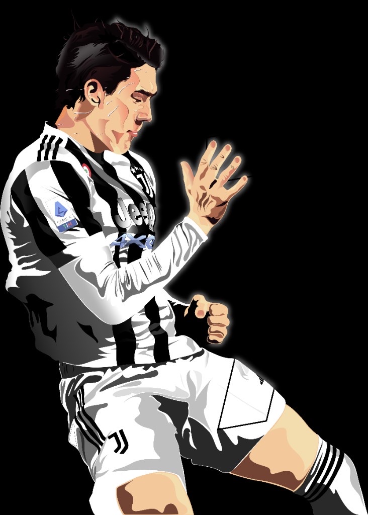 Illustrazione vettoriale di Dušan Vlahović, attaccante della Juventus F.C., con maglia a strisce bianconere in azione di gioco su sfondo nero