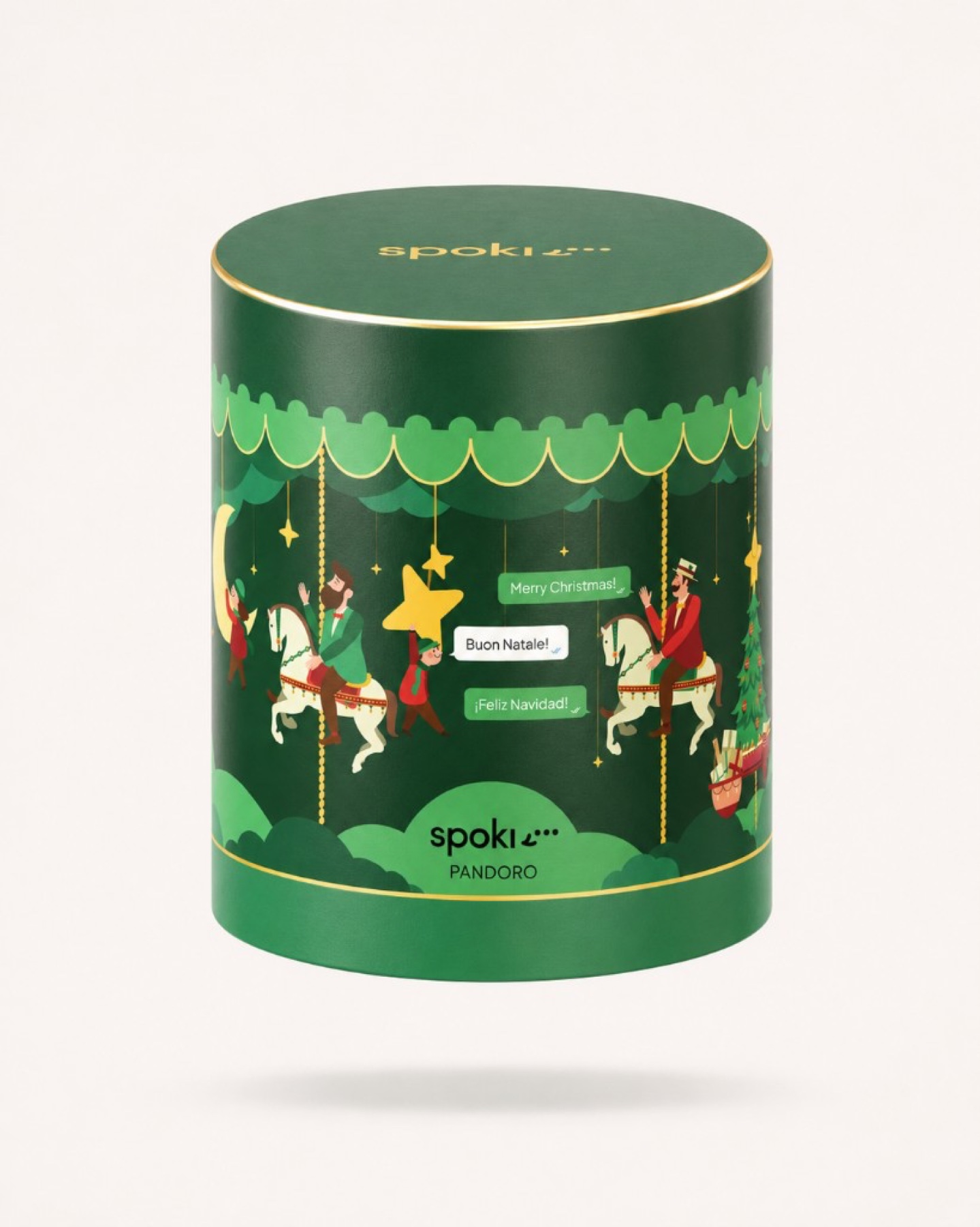 Mockup 3D del pandorino Spoki · confezione cilindrica con illustrazione del carosello