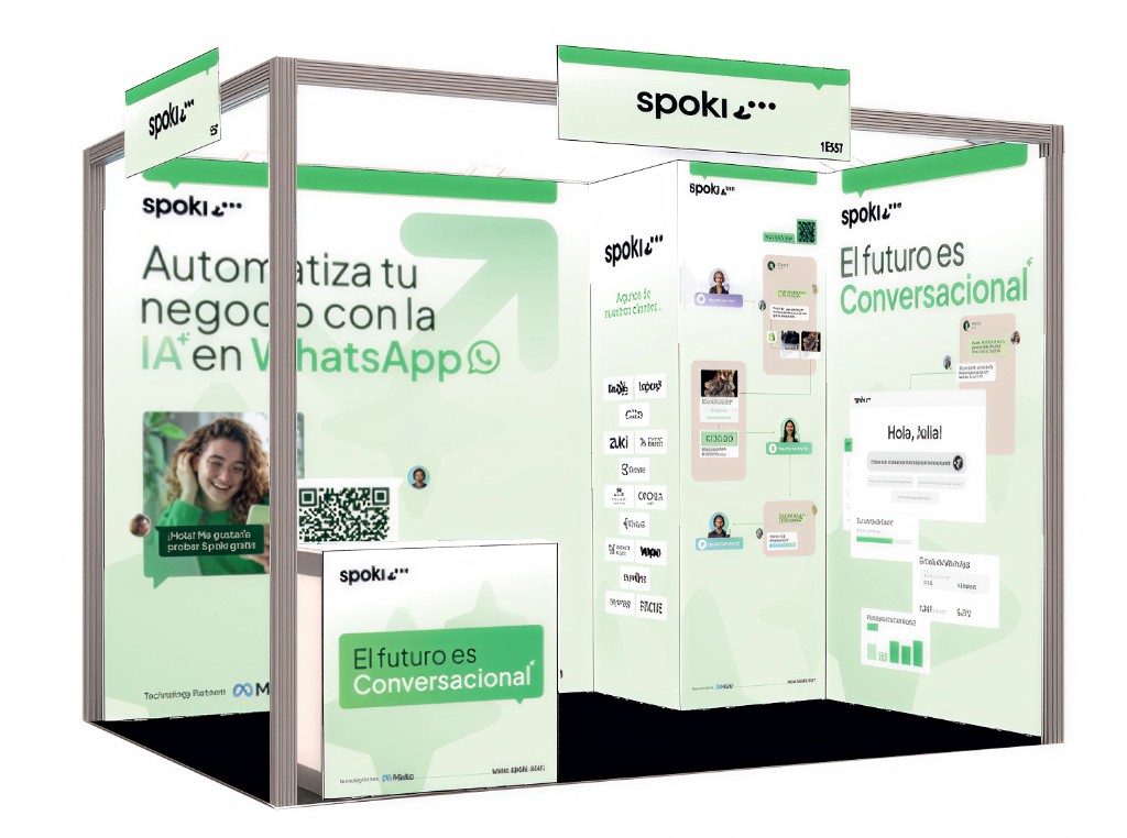 Render 3D dello stand espositivo Spoki · viste frontale, laterali e desk