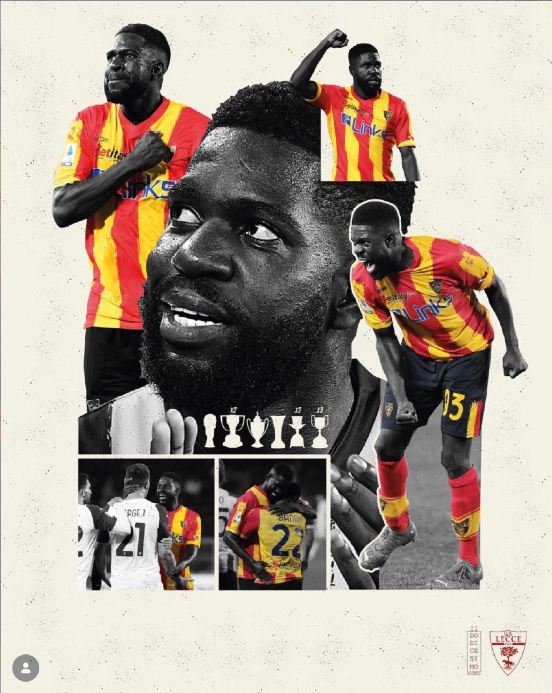 Collage editoriale di Lameck Banda, attaccante del Lecce numero 93: ritratto in bianco e nero e azioni di gioco a colori