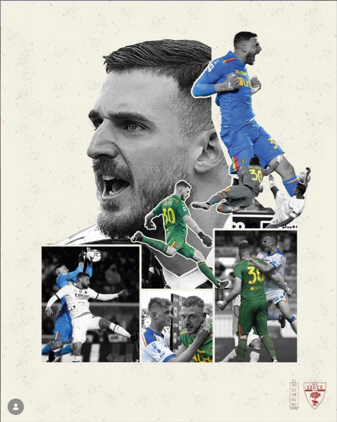 Collage editoriale di Wladimiro Falcone, portiere del Lecce numero 30: ritratto in bianco e nero e parate a colori in maglia azzurra