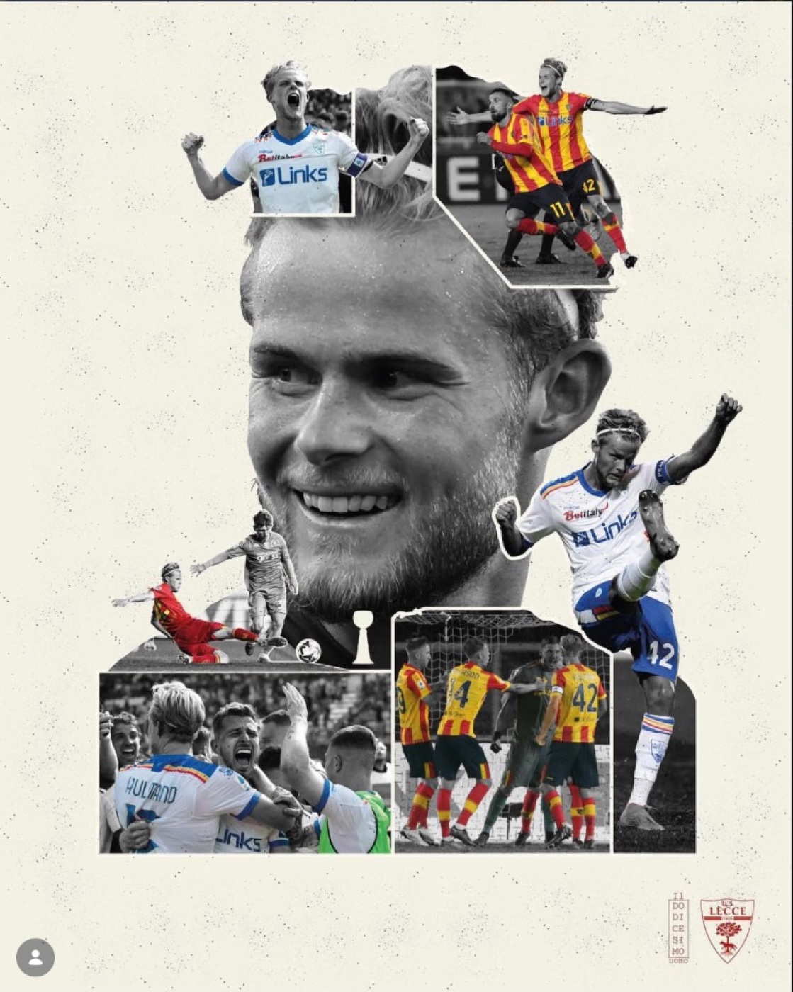 Collage editoriale di Morten Hjulmand, centrocampista del Lecce: ritratto in bianco e nero e azioni di gioco a colori con la maglia bianca da trasferta