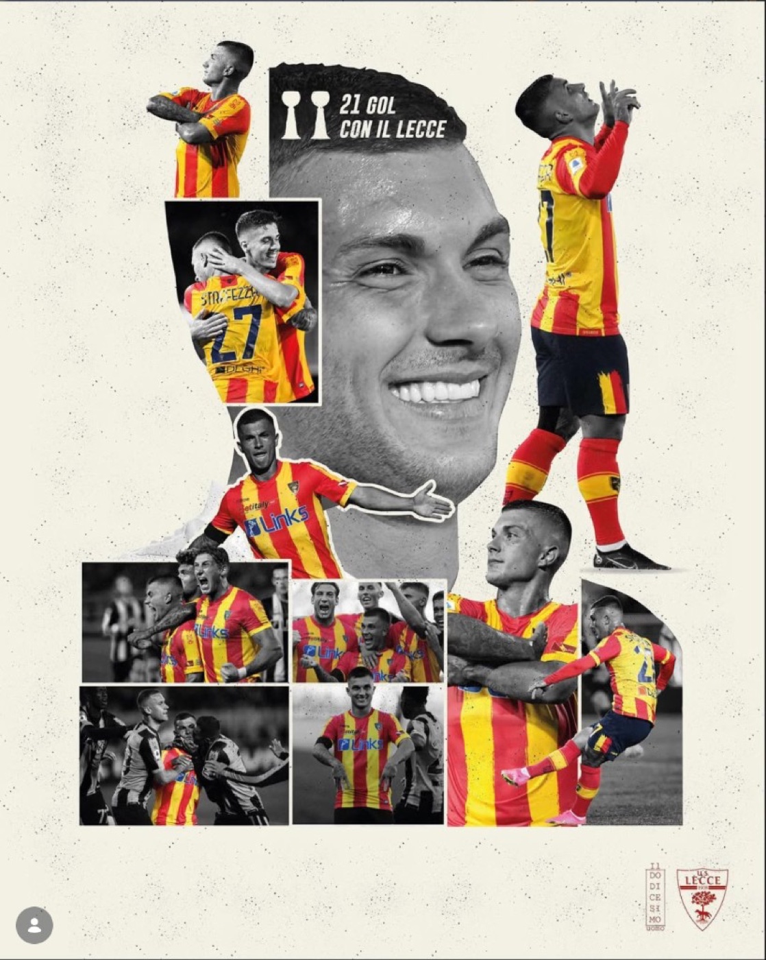 Collage editoriale di Gabriel Strefezza: ritratto in bianco e nero al centro e immagini d'azione a colori con la maglia del Lecce, claim «21 gol con il Lecce»