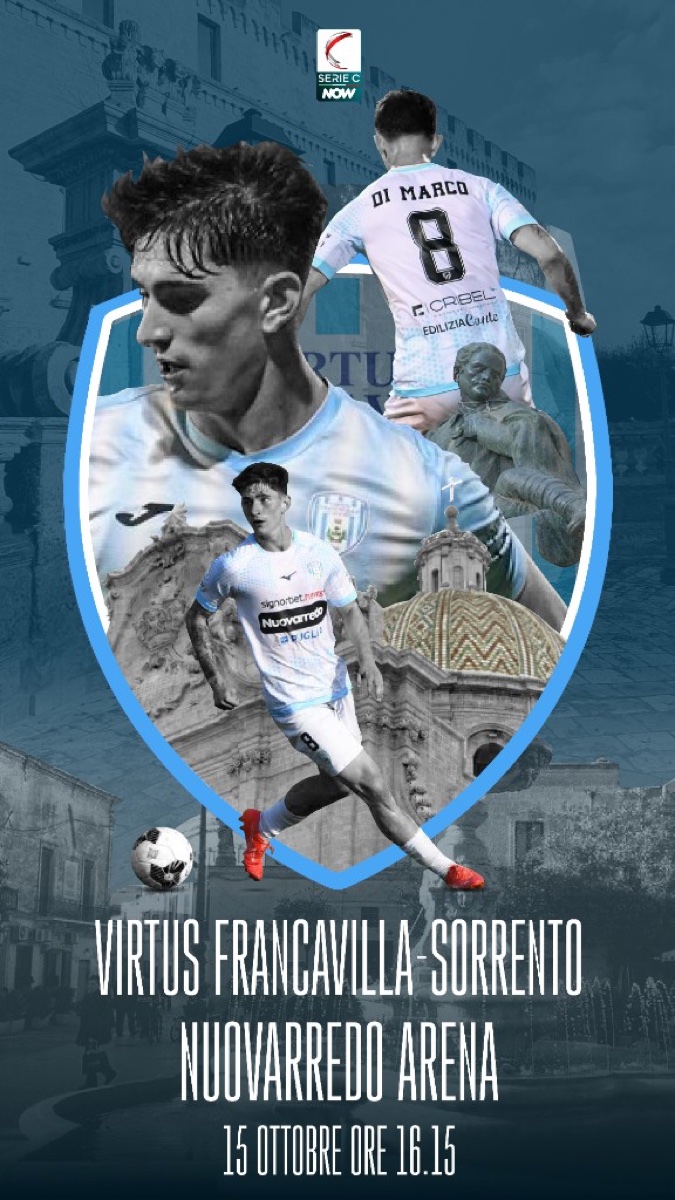 Grafica prematch in formato story 9:16 per Virtus Francavilla-Sorrento di Serie C: collage di Di Marco numero 8 con architetture e monumenti di Francavilla Fontana sullo sfondo